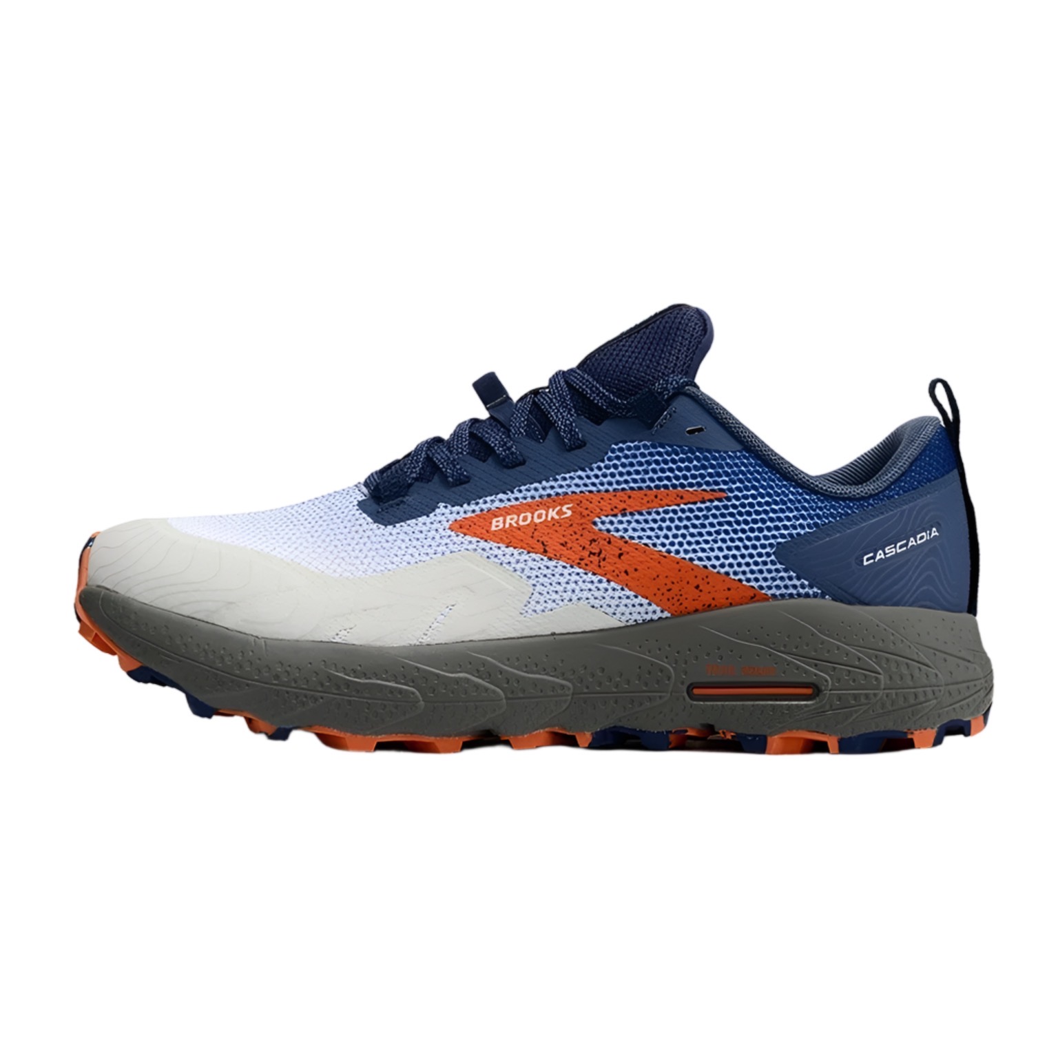 Brooks Cascadia trail running shoe in navy blue, white, and orange