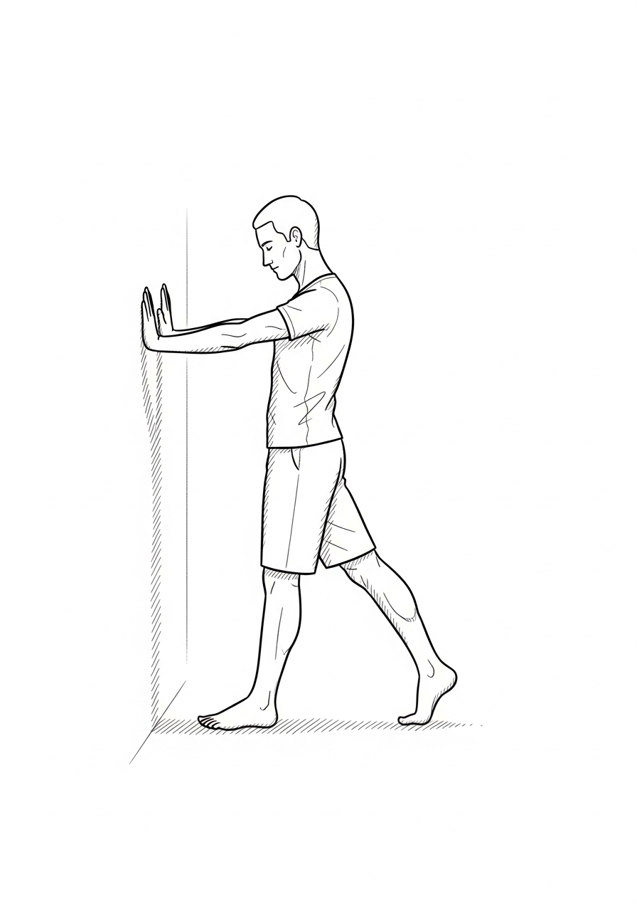 Calf stretch and ankle exercise illustration for drop foot and AFO rehabilitation after stroke