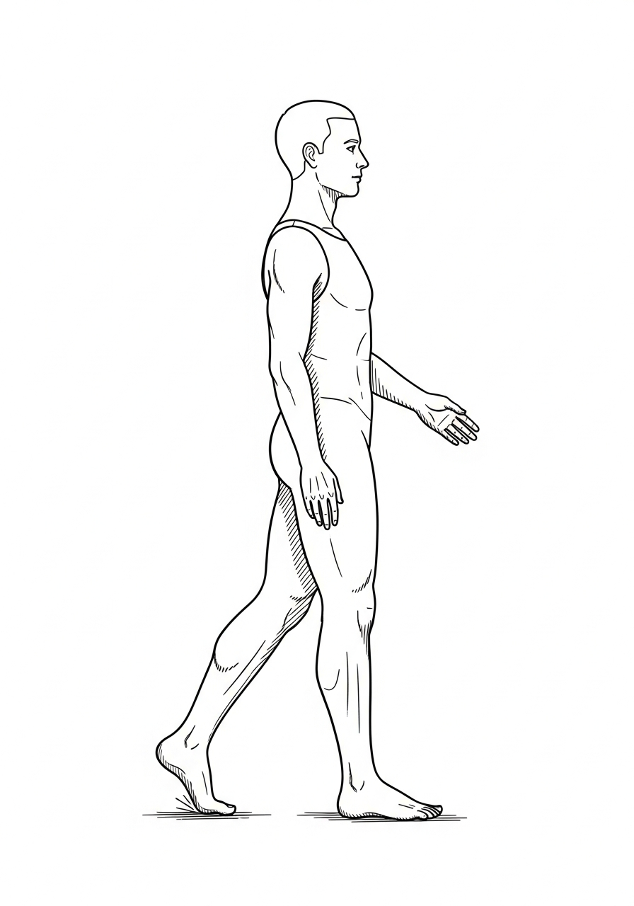 Stroke survivor gait analysis illustration — heel strike through toe-off phases
