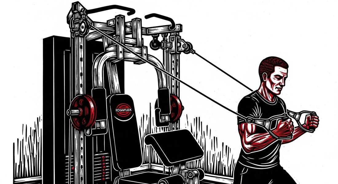 Woodcut illustration of a home gym station for stroke recovery — dark ink and bone white palette