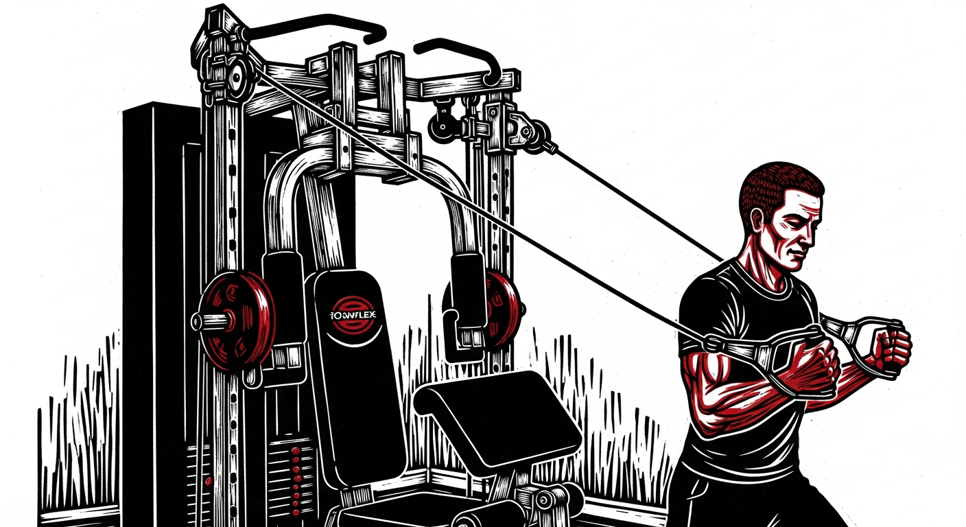 Woodcut illustration of a home gym station for stroke recovery — dark ink and bone white palette