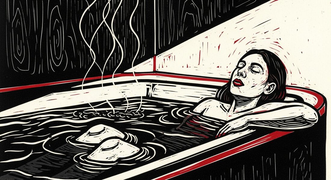 Woodcut illustration of hot tub hydrotherapy for stroke recovery — dark ink and bone white palette