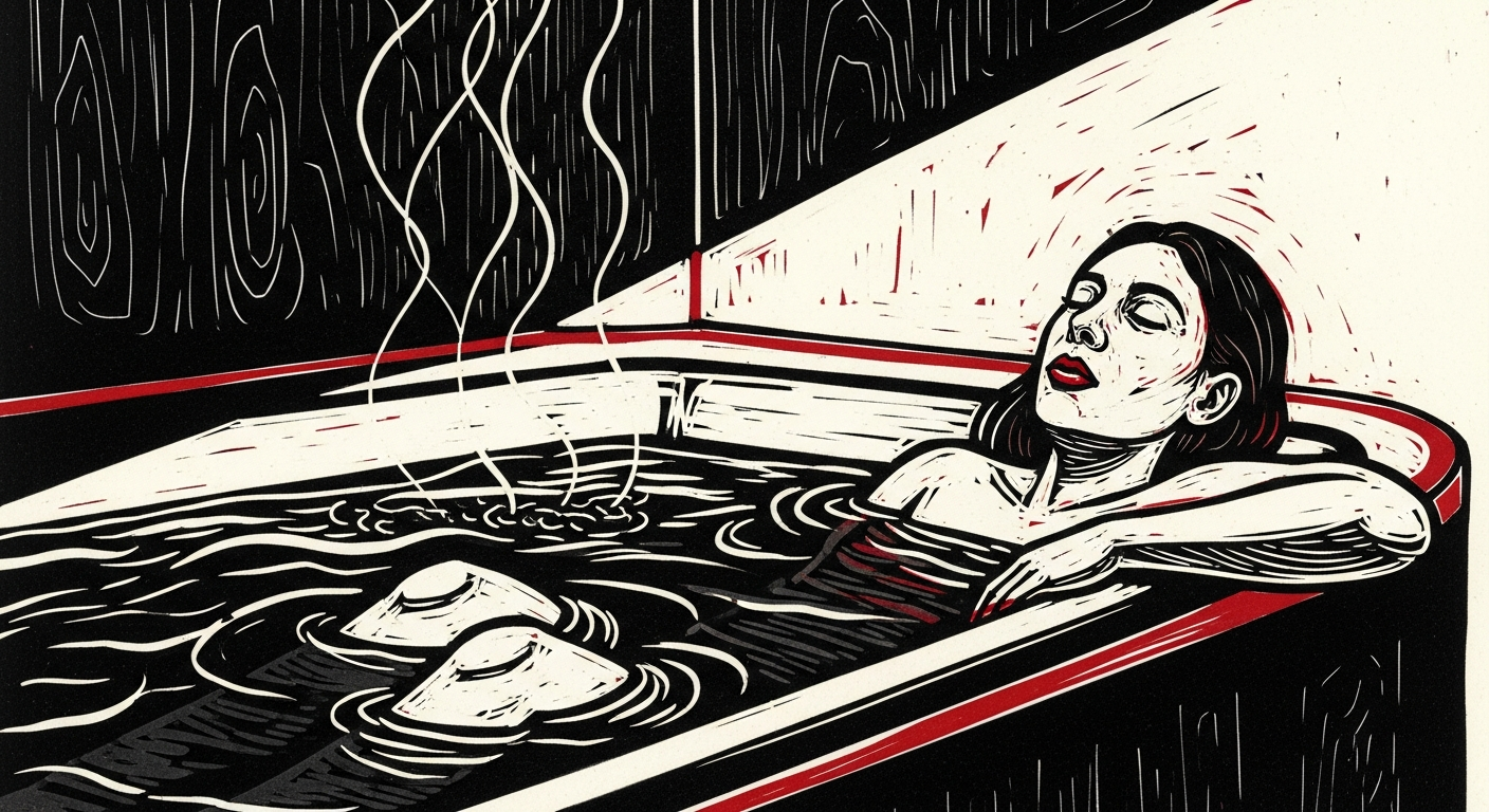 Woodcut illustration of hot tub hydrotherapy for stroke recovery — dark ink and bone white palette