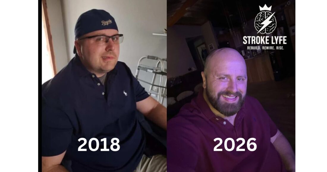 Nick Kremers before and after stroke: 2018 wheelchair photo next to 2026 photo at the WashBizHub laundromat — dark ink and bone white palette