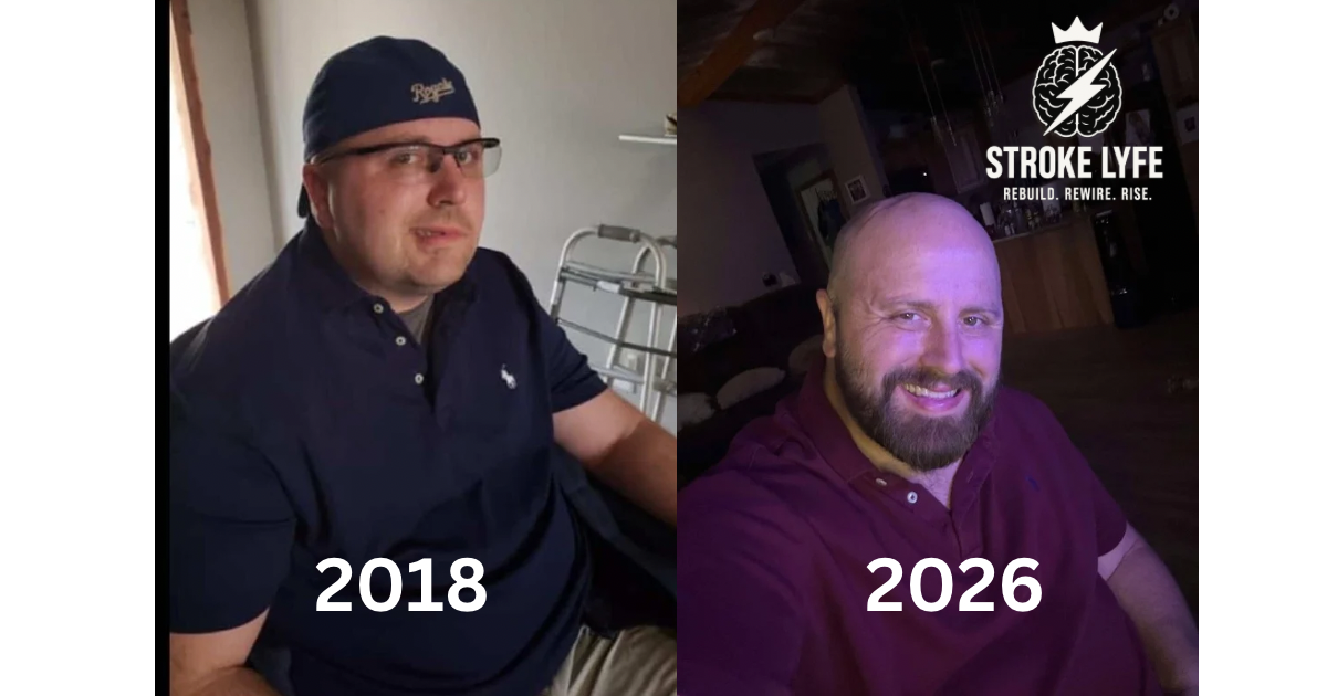 Nick Kremers before and after stroke: 2018 wheelchair photo next to 2026 photo at the WashBizHub laundromat — dark ink and bone white palette