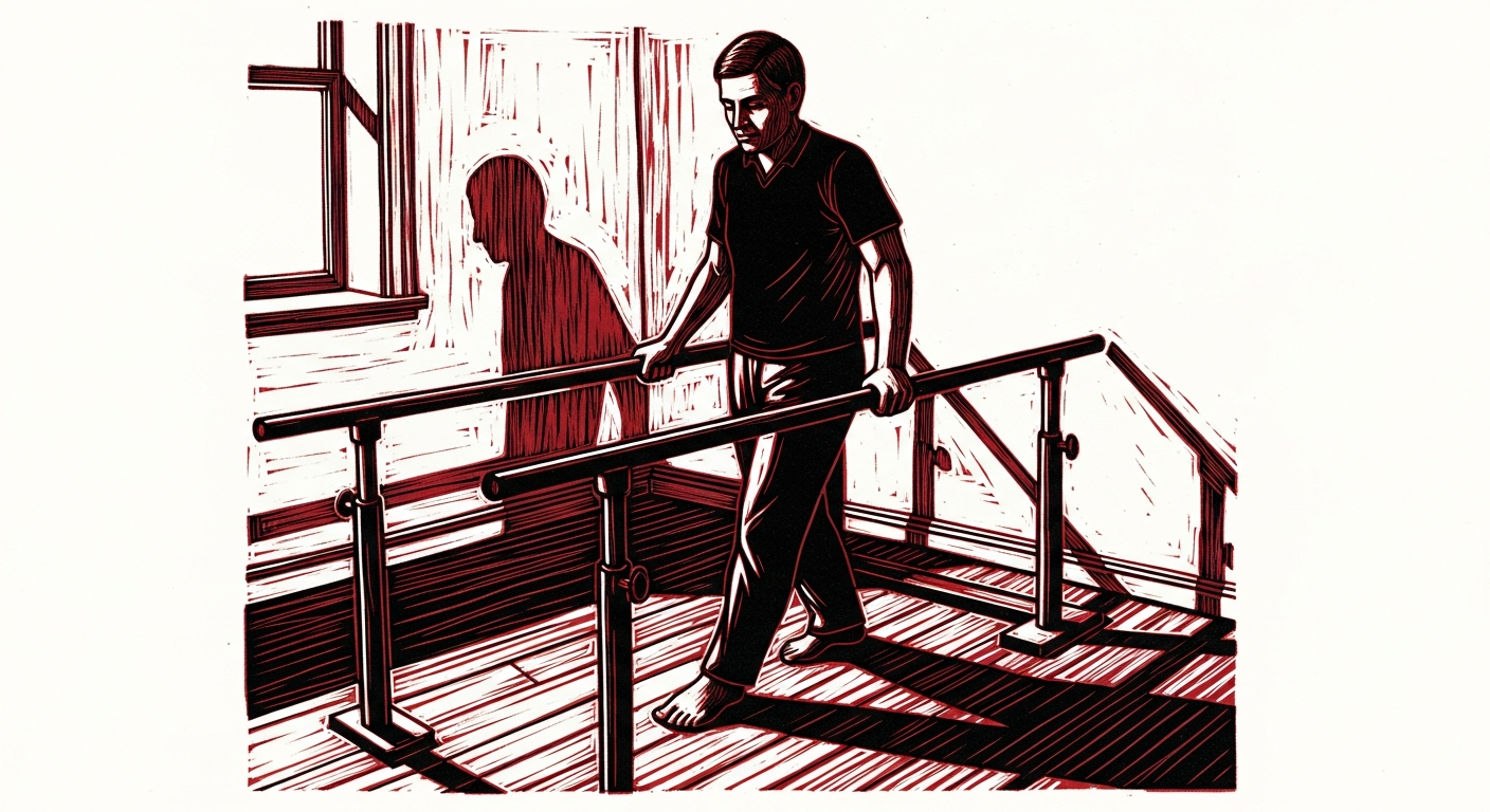 Woodcut illustration of parallel bars in a home setting — dark ink and bone white palette