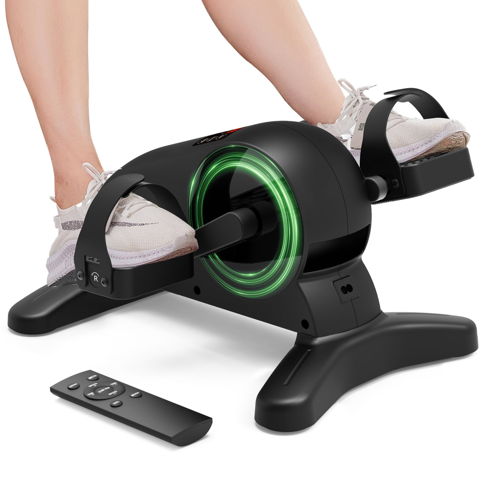 Under-desk pedal exerciser on a carpeted floor in front of a chair