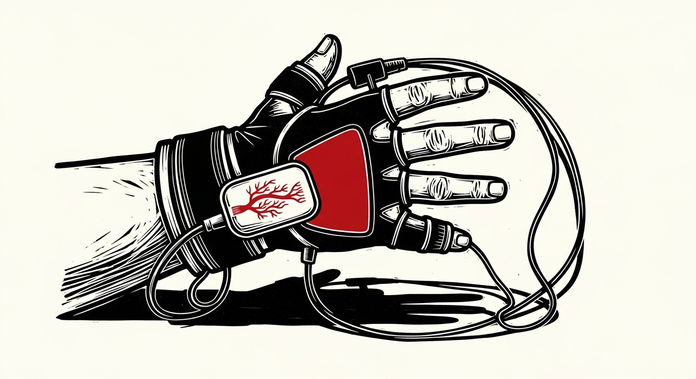 Woodcut illustration of a Saebo hand therapy device for stroke recovery — dark ink and bone white palette