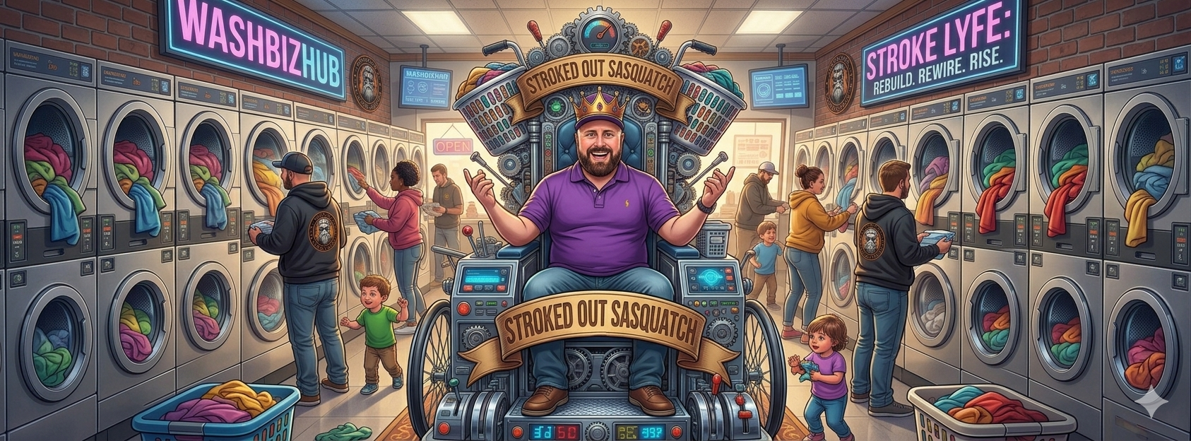 Nick Kremers at WashBizHub laundromat in Lavaca, Arkansas, wearing the Sasquatch crown amid commercial laundry equipment