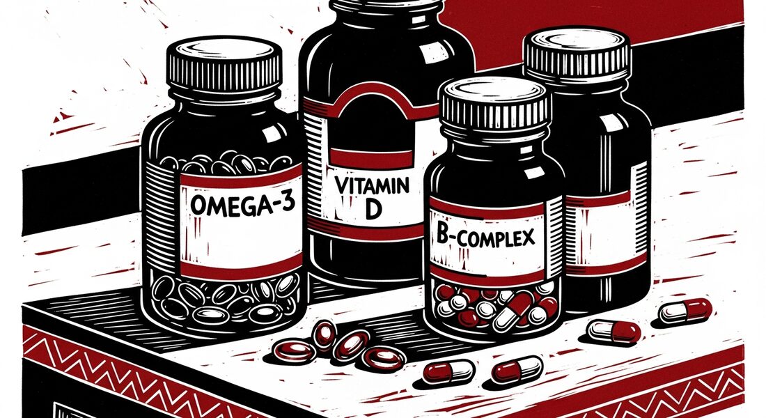 Woodcut illustration of supplement bottles for stroke recovery — dark ink and bone white palette