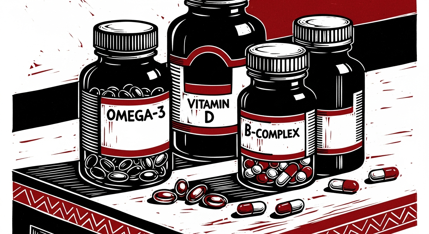 Woodcut illustration of supplement bottles for stroke recovery — dark ink and bone white palette