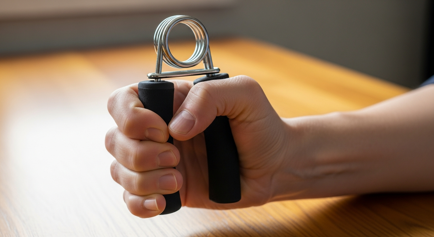 Stroke survivor using a hand grip strengthener at home