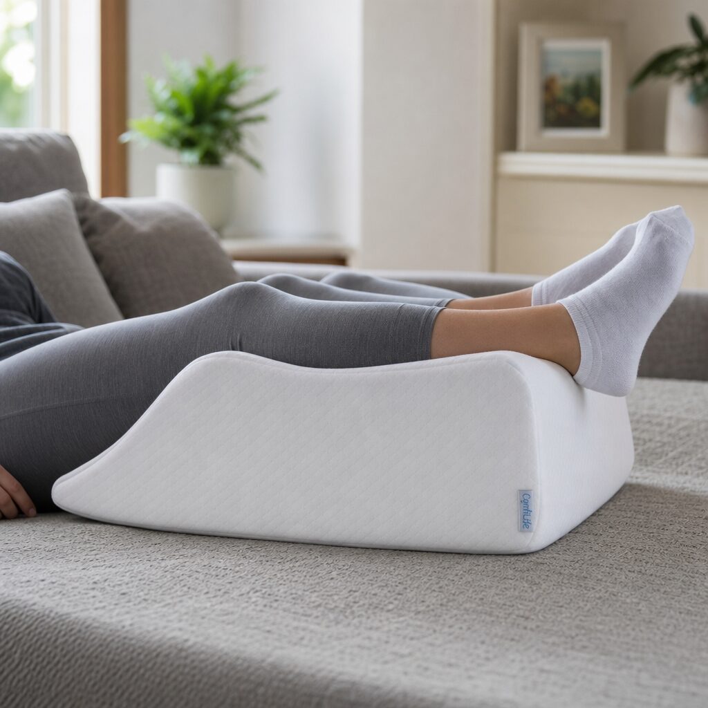 Stroke survivor resting with the affected leg elevated on a memory foam pillow