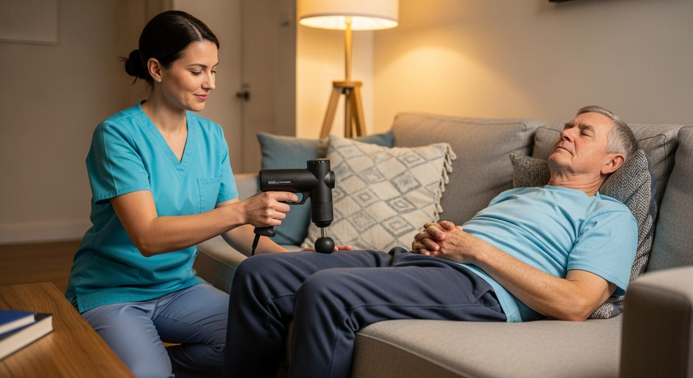 Stroke survivor receiving percussion massage on their leg from a caregiver