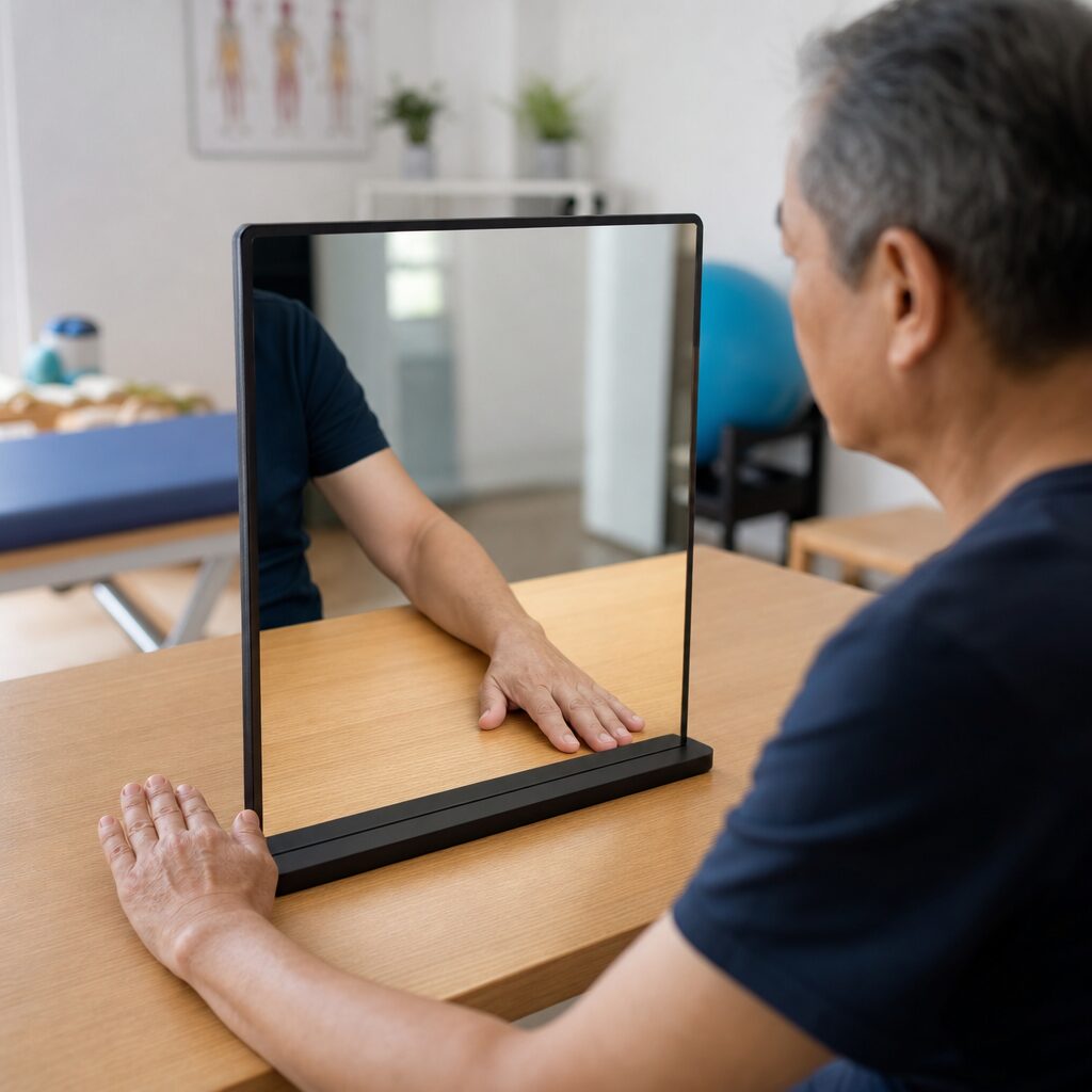 Stroke survivor performing mirror therapy with a mirror box at home