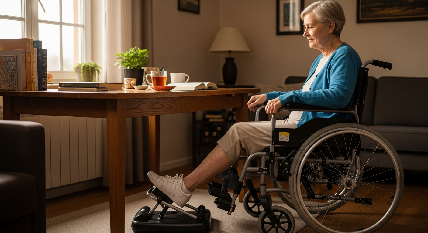 Stroke survivor using a pedal exerciser under a desk at home