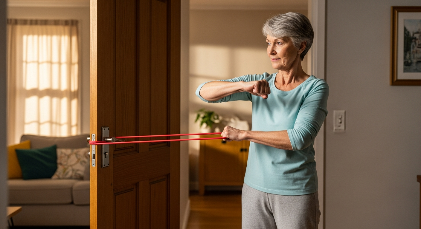 Stroke survivor doing arm exercises with a resistance band at home