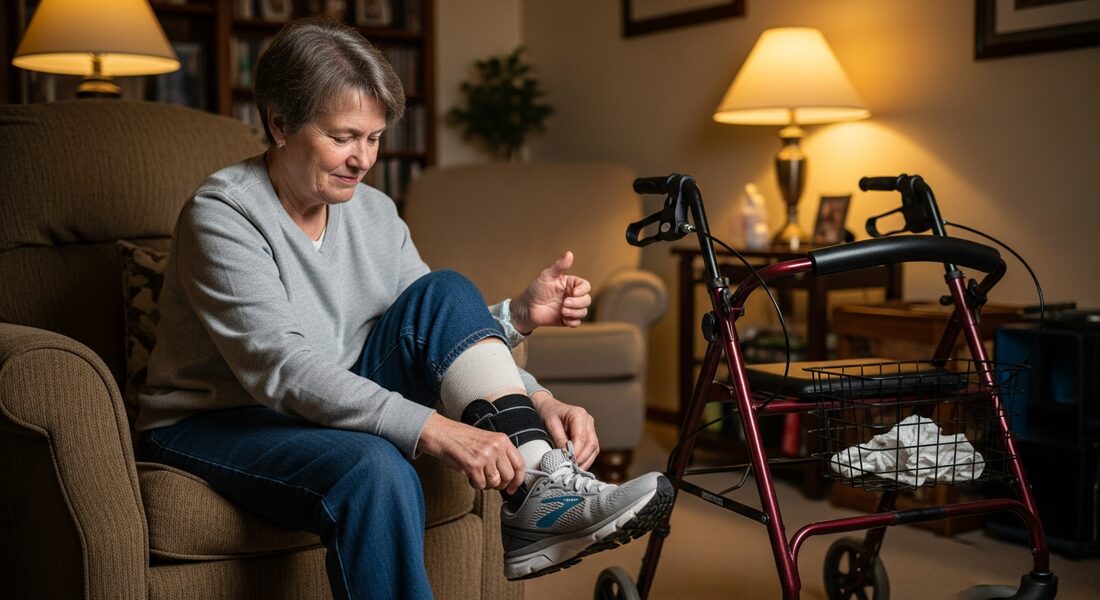 Stroke survivor putting on a supportive shoe with an AFO brace