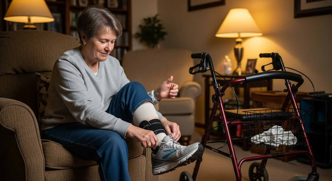 Stroke survivor putting on a supportive shoe with an AFO brace