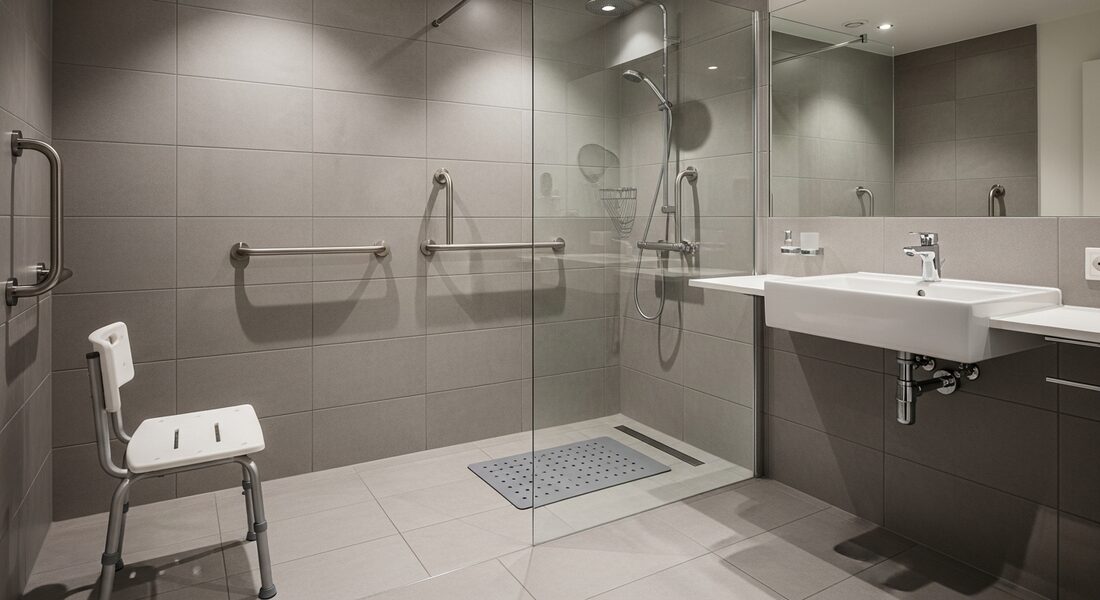 Modern bathroom with grab bars and shower safety equipment installed