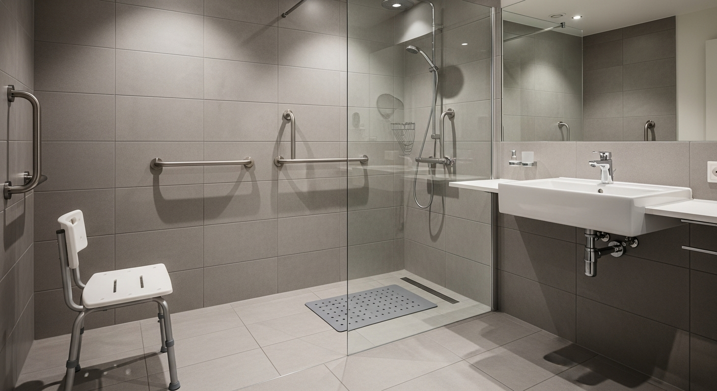 Modern bathroom with grab bars and shower safety equipment installed