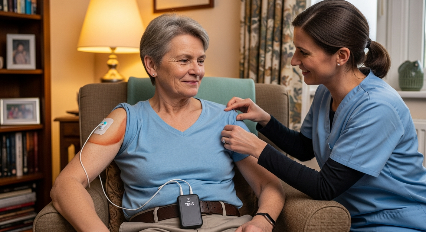 Stroke survivor with TENS unit electrode pads on shoulder