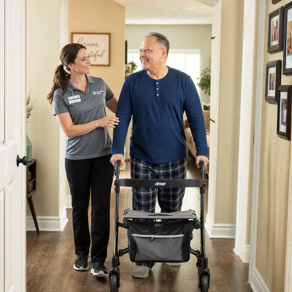 Stroke survivor using a walker with stand-up support handles indoors